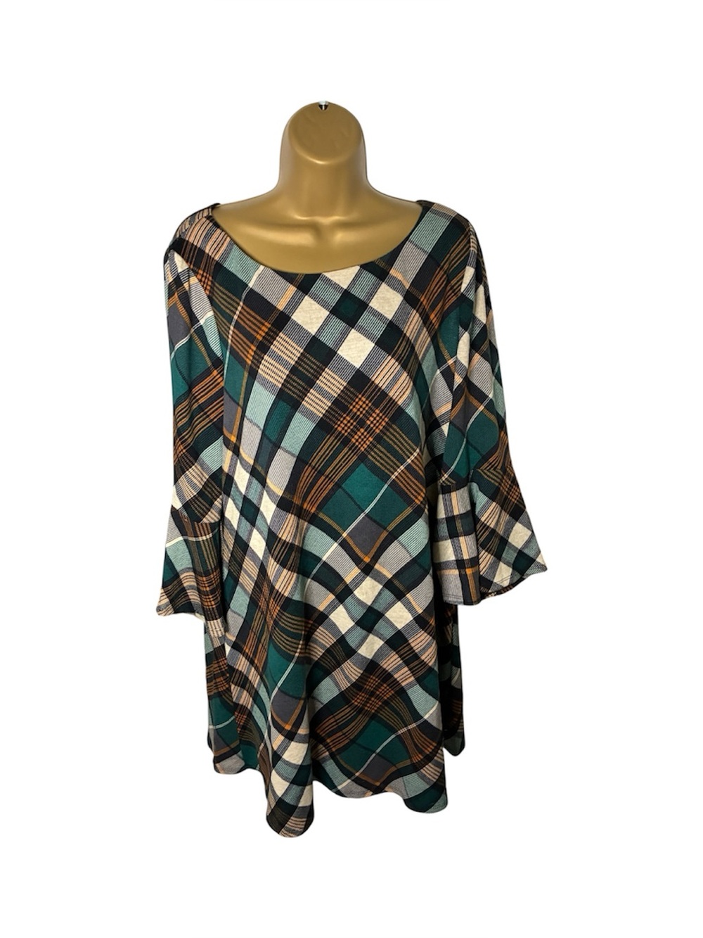 JH Collection Plaid Swing Dress Bell Sleeve Lined Teal Multicolor XL